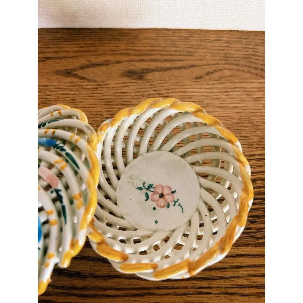 Vintage Spanish Open Weave Porcelain Trinket Box Lattice Floral Lidded Dish